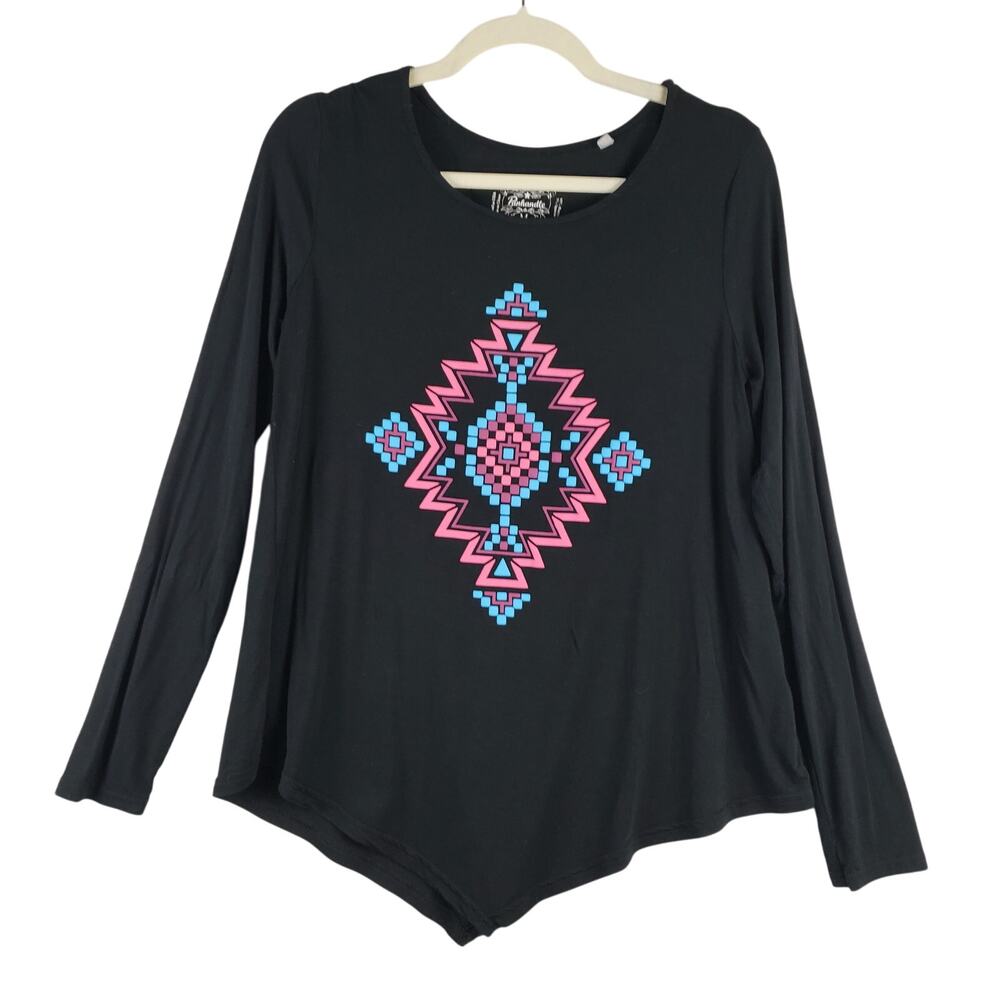 Panhandle Women's M‎ Long Sleeve Asymmetrical Top Black Tribal Southwestern Boho